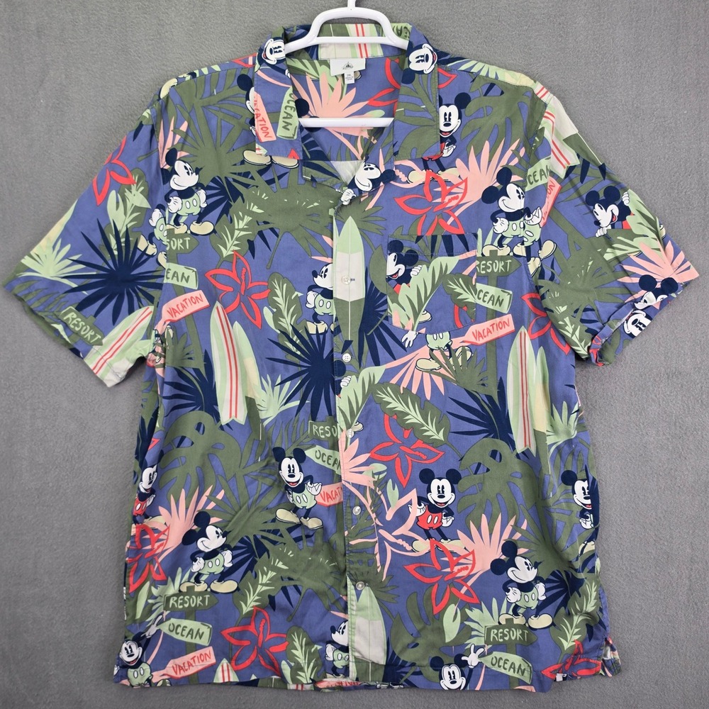 Disney Resort Mickey Mouse Hawaiian Shirt Tropical Blue 2XL Viscose Lyocell